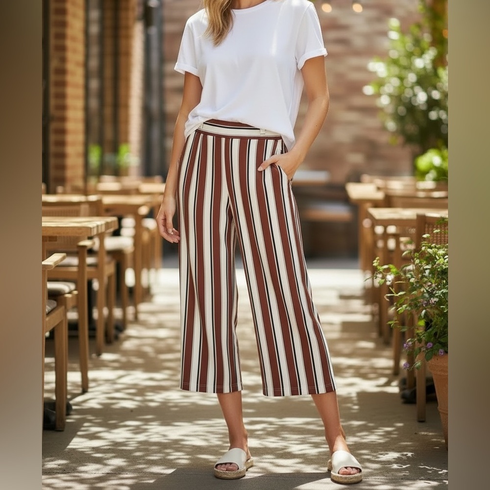 H&M Brown and White Striped Wide Leg Cropped Pants Size 10 Relaxed Fit Hi-Rise - Picture 1 of 8